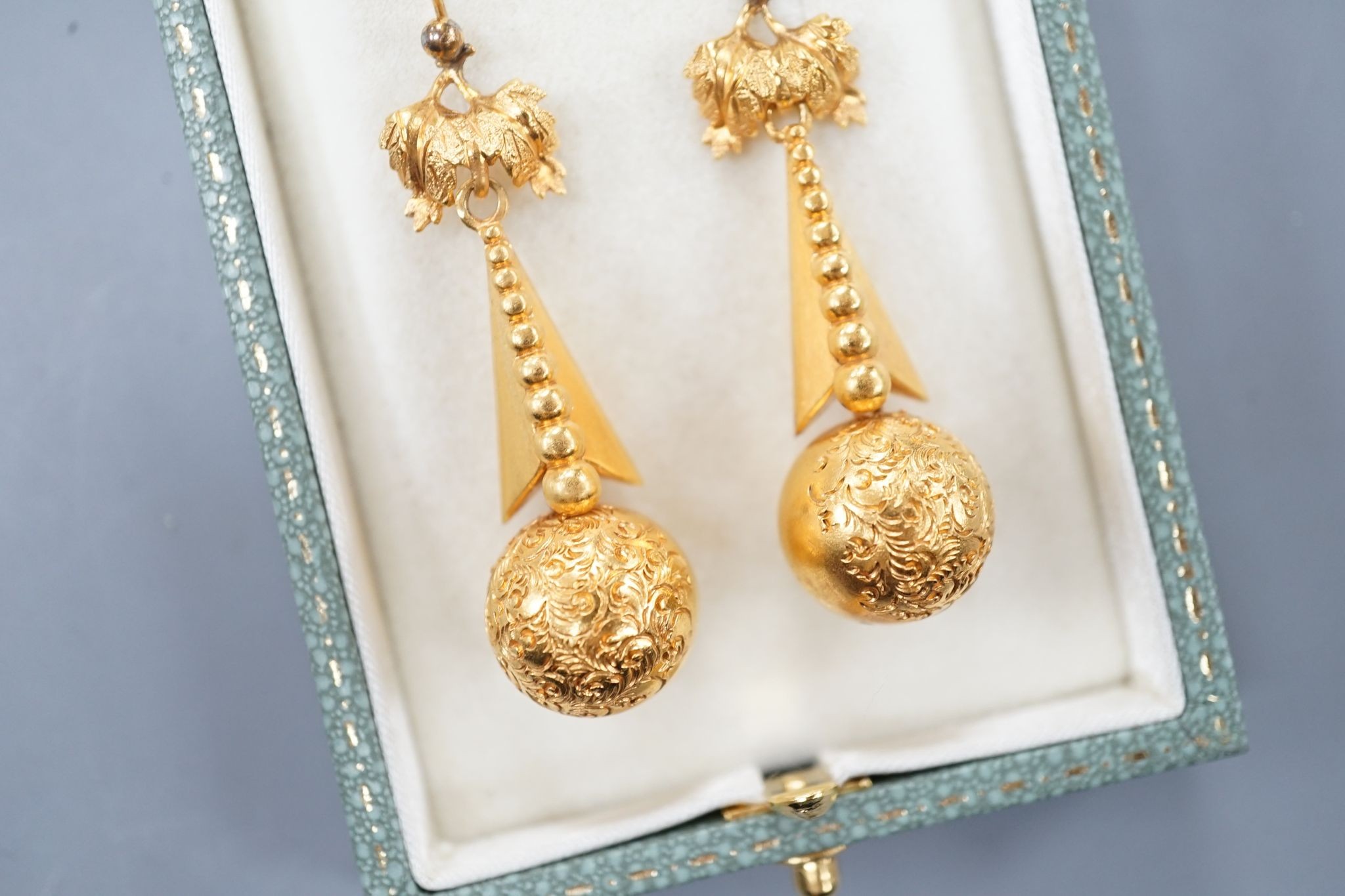 A pair of yellow metal drop earrings, 43mm